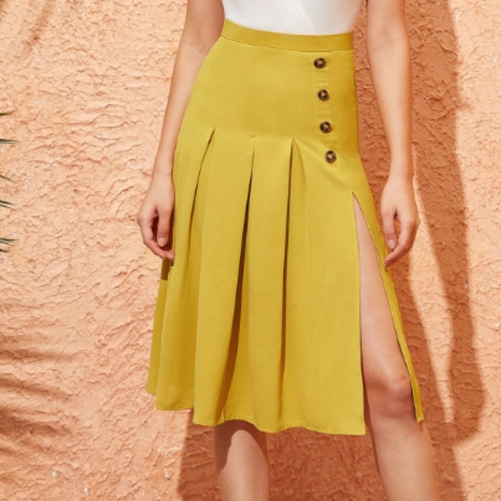 Button Front Split Thigh Godet Skirt